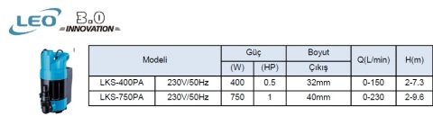 LEO LKS-400PA   0.5HP 220V  PLASTİK GÖVDELİ DRENAJ DALGIÇ POMPA