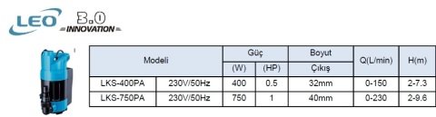 LEO LKS-750PA    1HP 220V  PLASTİK GÖVDELİ DRENAJ DALGIÇ POMPA