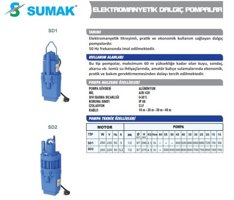 SUMAK SD2 1/2\'\' 30MT KABLOLU DALGIÇ POMPA