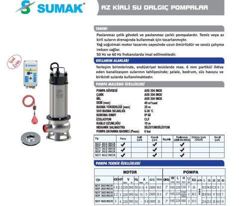 SUMAK, SDF 30/2 İNOX, 3HP, 220V, PASLANMAZ GÖVDELİ, AZ KİRLİ SU DALGIÇ POMPASI