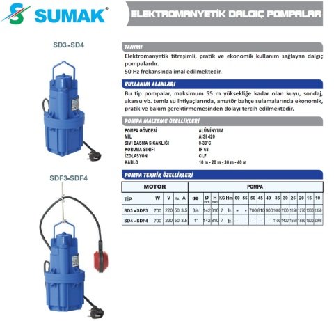 SUMAK SD3 3/4'' 20 MT KABLOLU DALGIÇ POMPA