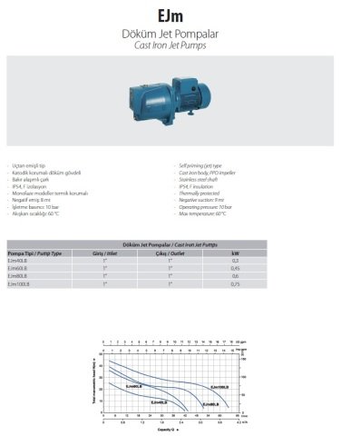 Aquastrong EJm100LB       0.75kW 220V  Döküm Gövdeli Jet Pompa