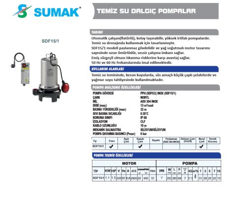 SUMAK, SDF15/1, 220V, 1.5HP, TEMİZ SU DALGIÇ POMPASI