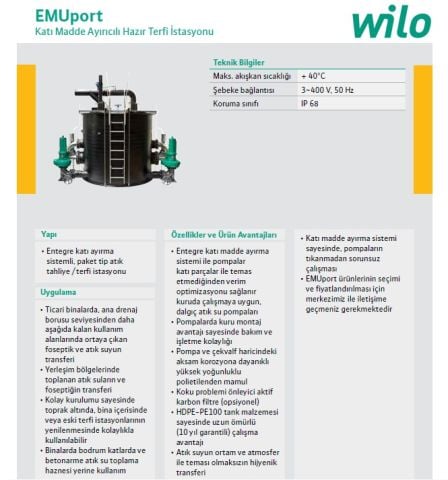 WİLO EMUport CORE 45.2-25/540   380V KATI MADDE AYIRICILI HAZIR PAKET TİP ATIK SU FOSEPTİK TERFİ İSTASYONU (BİNA-ENDÜSTRİ-ALTYAPI SİSTEMLERİ İÇİN)  - Panosuz
