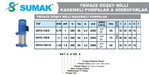 SUMAK, SHT6-100/6, 1HP, 380V, DÜŞEY MİLLİ KADEMELİ POMPA