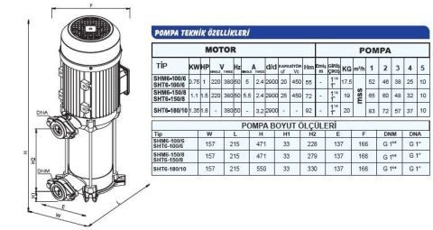 SUMAK, SHT6B-100/6, 1HP, 380V, ÇİFT POMPALI, DÜŞEY MİLLİ, KADEMELİ HİDROFOR