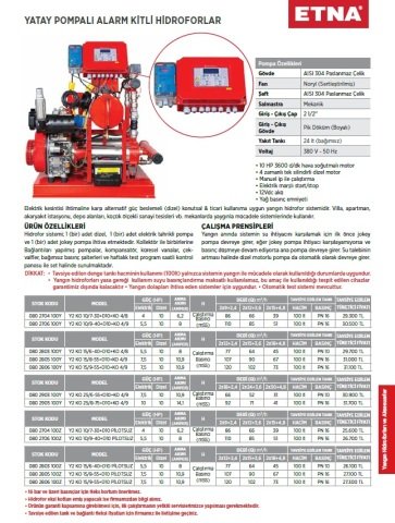 Etna Y2KO 10/9-40+D10     5.5 Hp Elektrikli- 10Hp Dizel 380V  Yatay Pompalı Alarm Kitli Yangın Hidroforu (Dizel + Elektrikli)