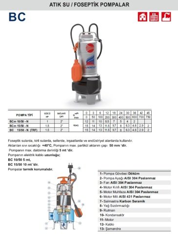 Pedrollo BC 15/50-N (TRF)   1.5Hp 380V  Paslanmaz Atık Su Foseptik Pompa