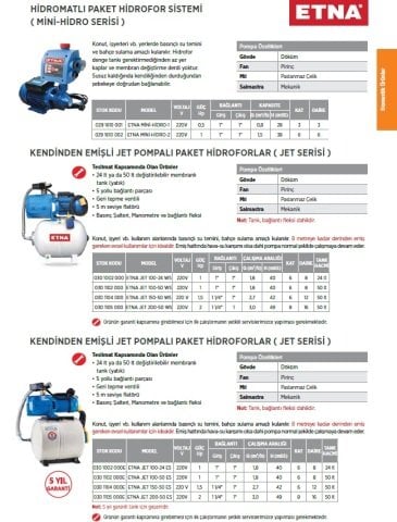 Etna 1 SCT 200-50 WS     2Hp 220V  Santrifüj Pompalı Paket Hidrofor