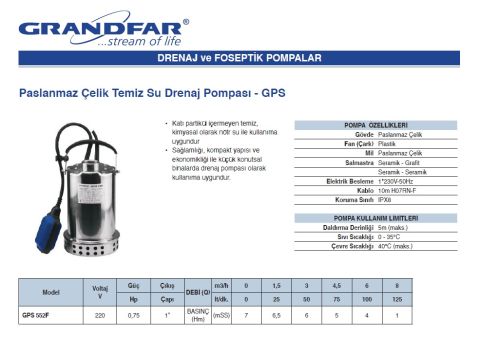 Grandfar GPS 552F  0.75Hp 220V  Paslanmaz Çelik Temiz Su Drenaj Dalgıç Pompa