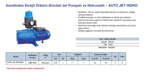 Grandfar AUTO-Jet 100 Hidro  1Hp 220V Jet Pompalı ve Hidromatlı Kendinden Emişli Döküm Gövdeli Paket Hidrofor