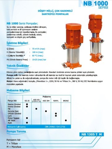 Norm NB 1109 M      1.1 kW  220V   Düşey Milli Çok Kademeli Santrifüj Pompa