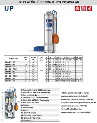 Pedrollo  UPm 4/5-GE    1.5Hp 220V    5\'\'  Flatörlü Keson Kuyu Dalgıç Pompa