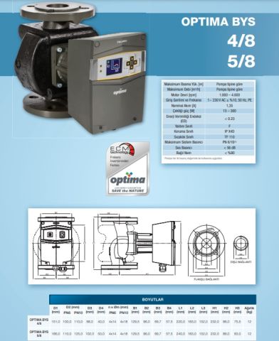 ALARKO OPTIMA BYS 4/8  FLANŞLI  TİP FREKANS KONTROLLÜ SİRKÜLASYON POMPASI - DİJİTAL EKRAN