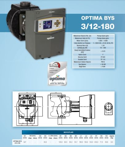 ALARKO OPTIMA BYS 3/12-180  DİŞLİ TİP FREKANS KONTROLLÜ SİRKÜLASYON POMPASI  - EKRANSIZ