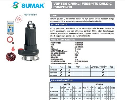 Sumak SDTV20/2.5   2.2Hp 380V  Vortex Çarklı Atık Su Dalgıç Pompa