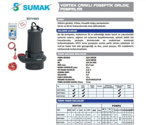 Sumak SDTV75/3   7.5Hp 380V  Vortex Çarklı Atık Su Dalgıç Pompa