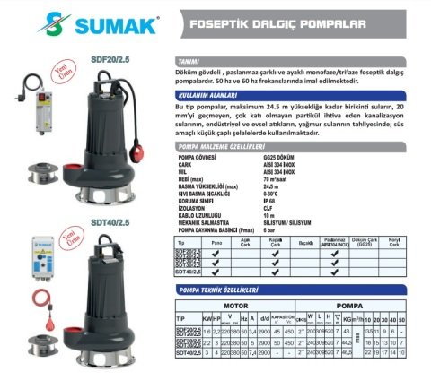 Sumak SDT30/2.5   3Hp 380V  Foseptik Dalgıç Pompa