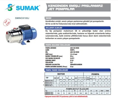 Sumak SMINOX100J-T  1Hp 380V  Paslanmaz Kendinden Emişli Jet Pompa