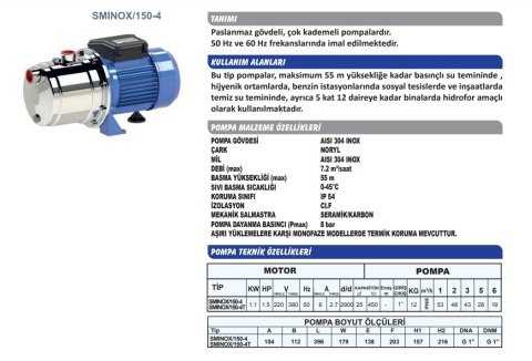 Sumak SMINOX/150-4  1.5Hp 220V  Paslanmaz Gövdeli Çok Kademeli Pompa