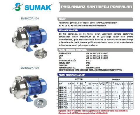Sumak SMINOX/A-100/1   1Hp 220V  Paslanmaz Santrifüj Pompa