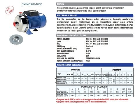 Sumak SMINOX/K-100/1T   1Hp 380V  Paslanmaz Santrifüj Pompa
