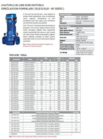 Etna, EILR4 65-250/3, 4Hp, 380V,  4 Kutuplu İnline Kuru Rotorlu Sirkülasyon Pompa