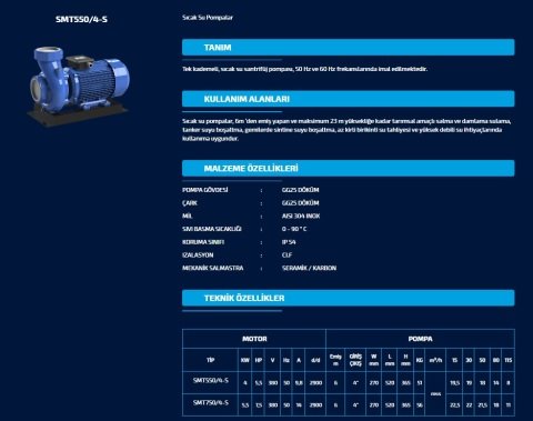 SUMAK SMT750/4-S 380V 7.5 HP SICAK SU SANTRİFÜJ POMPA