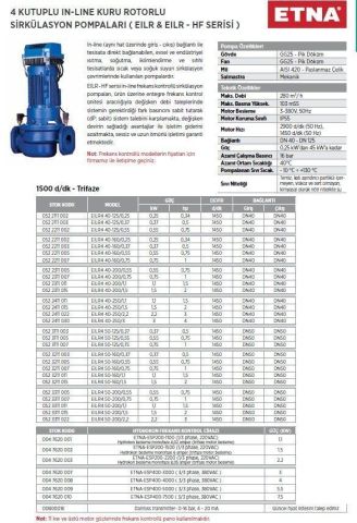 Etna, EILR4 65-250/5.5, 7.5Hp, 380V,  4 Kutuplu, İnline, Kuru Rotorlu, Sirkülasyon Pompa