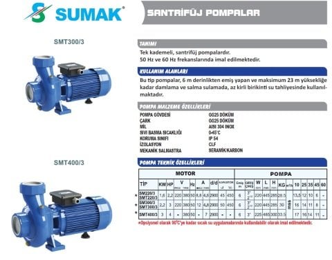 SUMAK SM 220/3 220V 2.2 HP SANTRİFÜJ POMPA