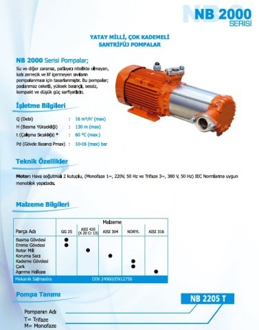 Norm NB 2104 T      0.75 kW  380V   Yatay Milli Çok Kademeli Santrifüj Pompa