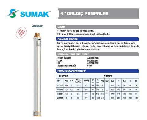 SUMAK 4SD312 1.HP 12 KADEMELİ 11/4'' ÇIKIŞLI DALGIÇ POMPA KADEMESİ