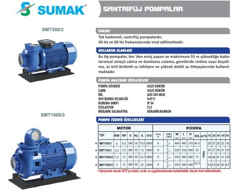 SUMAK SMT 550/3 5.5 HP 380V SANTRİFÜJ POMPA