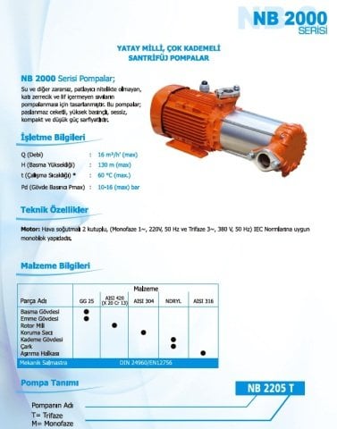 Norm NB 2107 T      1.1 kW  380V   Yatay Milli Çok Kademeli Santrifüj Pompa