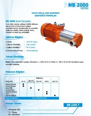 Norm NB 2203 T      1.5 kW  380V   Yatay Milli Çok Kademeli Santrifüj Pompa