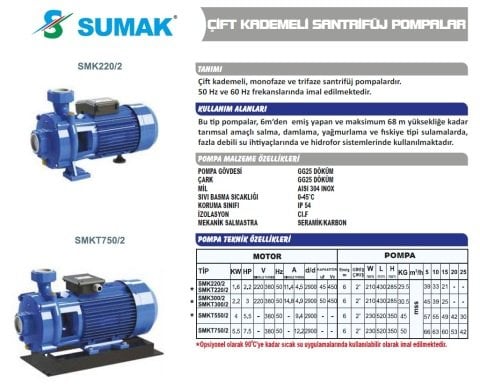 SUMAK SMKT 750/2 7,5 HP 380 V ÇİFT FANLI SANTRİFÜJ POMPA