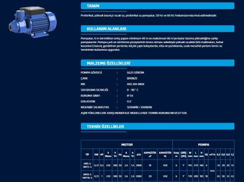 Sumak SMT10-S   1Hp 380V  Sıcak Su Preferikal Pompa