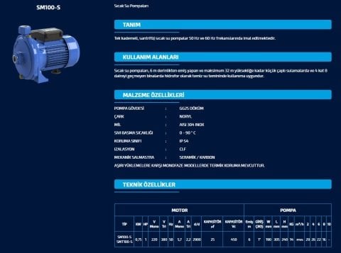 Sumak SM100-S   1HP 220V Sıcak Su Santrifüj Pompa