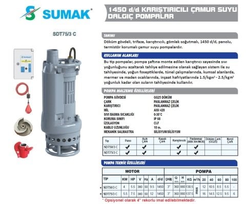 SUMAK SDT 75/3C 7,5 HP 380V KARIŞTIRILICI ÇAMUR SUYU DALGIÇ POMPA