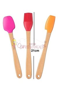 3'lü Renkli Bambu Saplı Silikon Uçlu Spatula Fırçalı Kaşık Seti