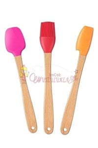 3'lü Renkli Bambu Saplı Silikon Uçlu Spatula Fırçalı Kaşık Seti