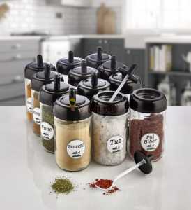 12 Adet Kendinden Kaşıklı Cam Baharat Seti 300 ml (Baharat Etiketli  Hediyeli )  (SIYAH)