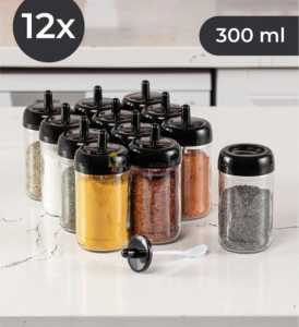 12 Adet Kendinden Kaşıklı Cam Baharat Seti 300 ml (Baharat Etiketli  Hediyeli )  (SIYAH)