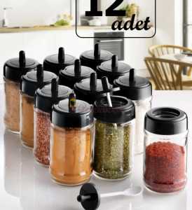12 Adet Kendinden Kaşıklı Cam Baharat Seti 300 ml (Baharat Etiketli  Hediyeli )  (SIYAH)
