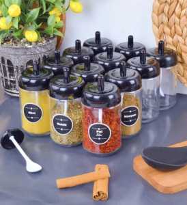 12 Adet Kendinden Kaşıklı Cam Baharat Seti 300 ml (Baharat Etiketli  Hediyeli )  (SIYAH)