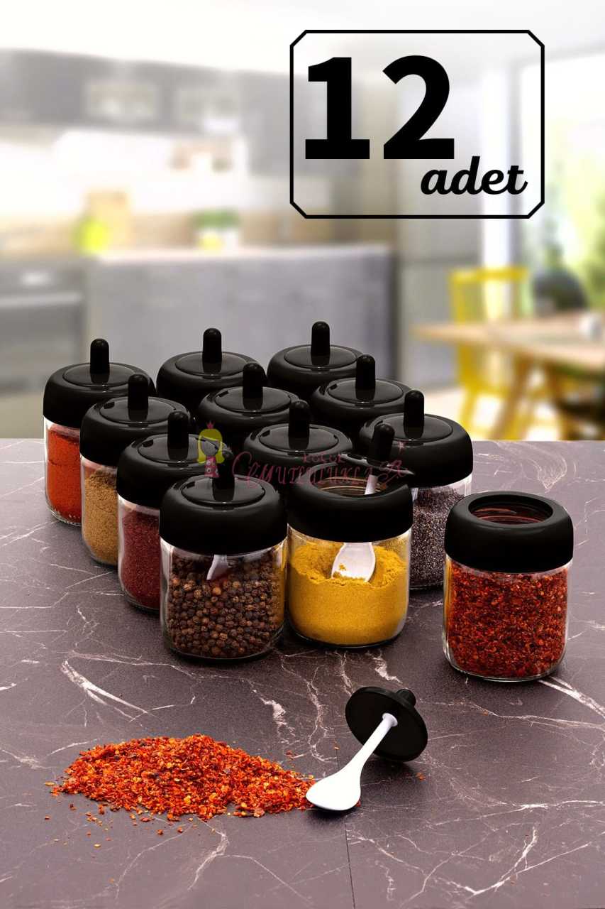 12 Adet Kapağı Kendinden Kaşıklı 200 Ml Cam Baharatlık Seti Siyah