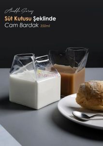Süt Kutusu Şeklinde Bardak Isıya Dayanıklı Borosilikat Kahve Ve Sunum Bardağı