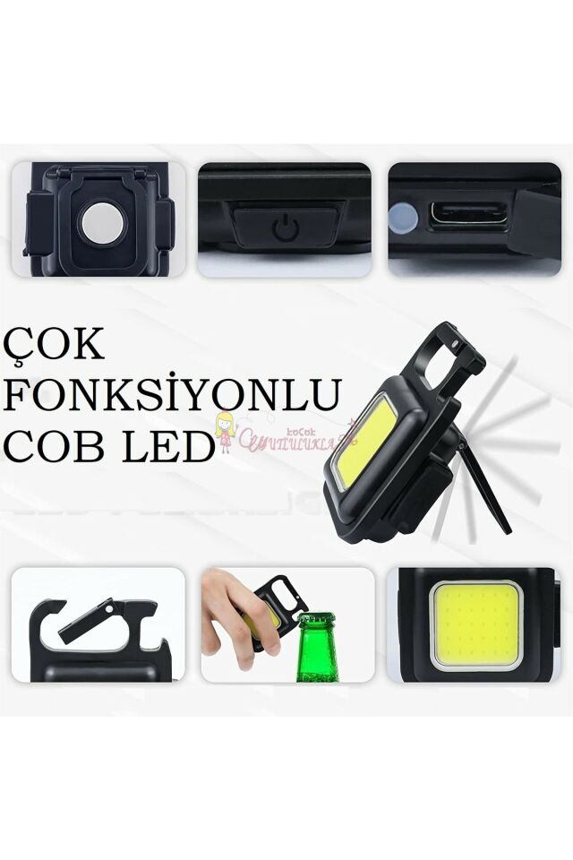 Led Anahtarlık El Feneri Şişe Açacağı Usb’li Şarj Edilebilir Mıknatıslı 4 Işık Modlu Cep Boy Cob LED