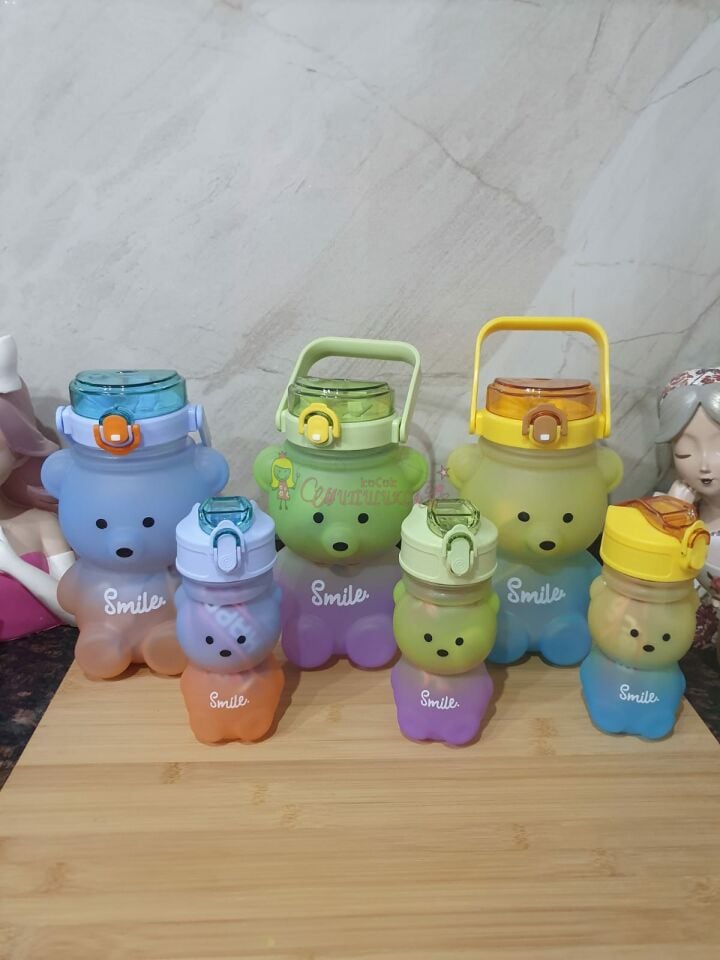 2’li Smile Ayıcık Model Su Matarası Yavrulu Su Şişesi Suluk
