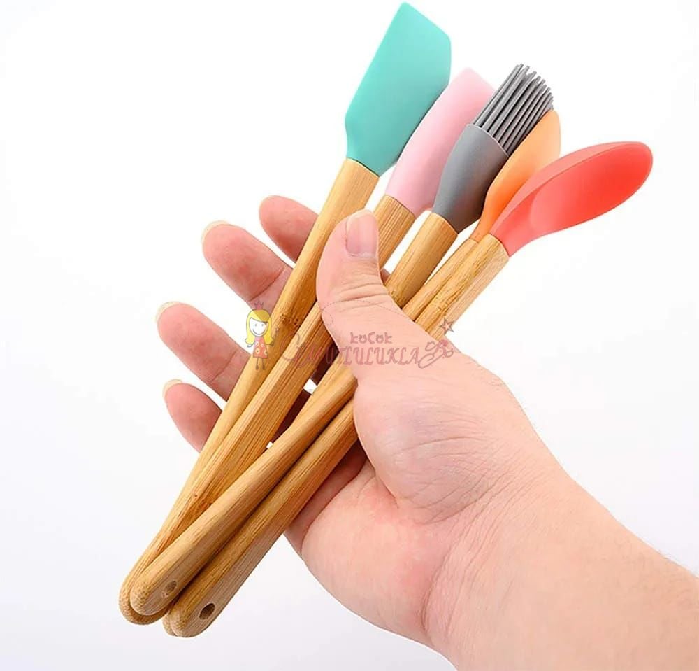 5 Parça Silikon Spatula Kaşık Fırça Seti - Bambu Saplı